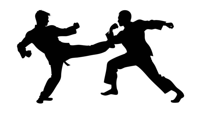 Martial Arts Silhouette: Dynamic silhouettes of two combatants engaged in an intense martial arts match, showcasing the power and precision of their movements.