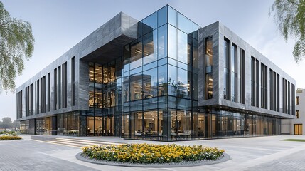 Modern glass building with unique geometric folded - surface shape, glass curtain wall with internal warm light, steps and open square in front, adjacent to water and distant mountains, creating an ar