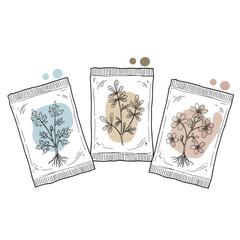 Seed packets with illustrated flowers in minimalist style  