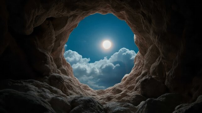 Bright Full Moon Shining Through Cloudy Sky in Rocky Cave Opening at Nighttime