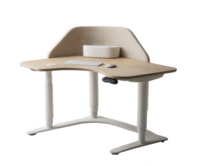 Modern l shaped standing desk with integrated privacy screen and accessories isolated on transparent background