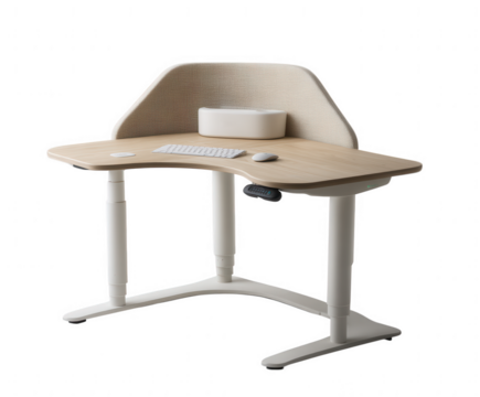 Modern l shaped standing desk with integrated privacy screen and accessories isolated on transparent background