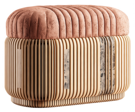 Modern tufted terracotta ottoman with ribbed wood and marble accents isolated on transparent background