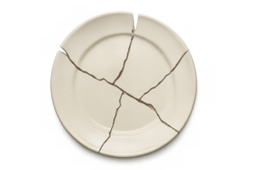 Broken white plate with visible cracks isolated on transparent background, symbolizing loss, separation, and the fragility of relationships