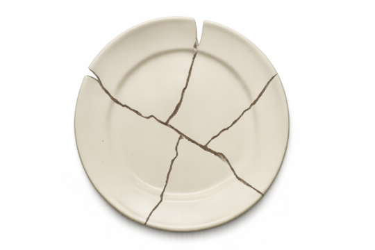 Broken white plate with visible cracks isolated on transparent background, symbolizing loss, separation, and the fragility of relationships