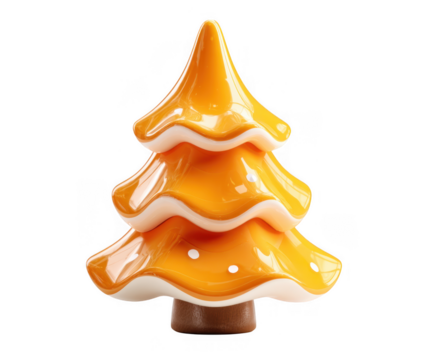 Glossy orange christmas tree decoration with white accents isolated on transparent background