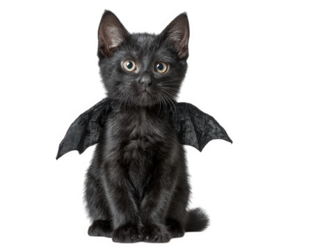 Black cat wearing bat wings costume, sitting and looking confused, isolated on transparency background, Halloween theme, playful and whimsical mood