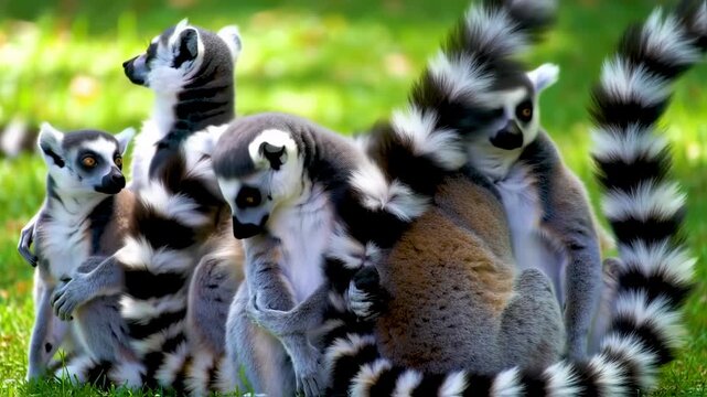 Charming Ring-Tailed Lemurs: A Social Gathering in the Lush Green Meadow Habitat
