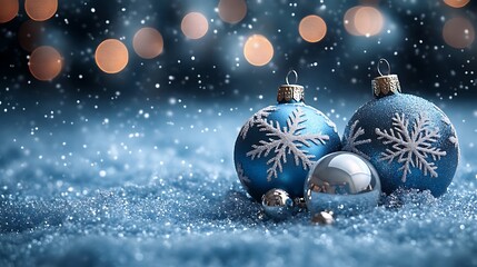 Blue snowflakes on festive Christmas ornaments in snow silver