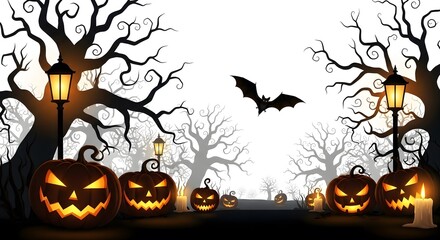 Spooky Halloween scene with glowing pumpkins, bat, and trees against a white background for seasonal celebrations and decorations