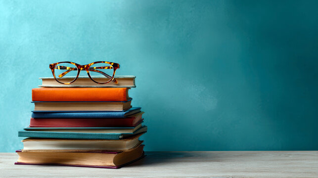 This image showcases a stack of colorful books topped with stylish eyeglasses, creating a perfect scene for book lovers and a cozy reading environment.