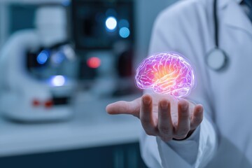 Doctor holding a holographic brain in a lab