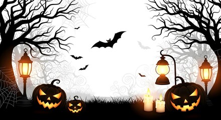 Spooky Halloween night scene with illuminated pumpkins, bats, bare trees, glowing lanterns, and candles creates a festive and eerie atmosphere