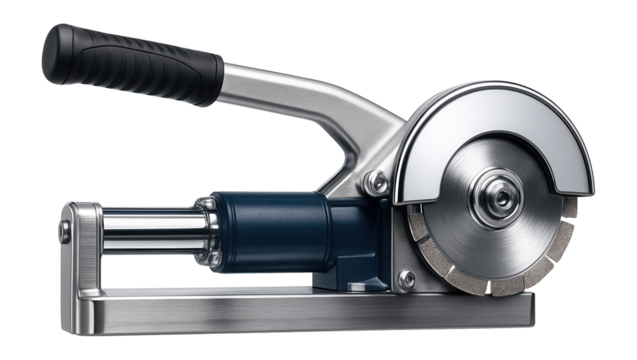 Hydraulic tile cutter with a diamond-tipped blade for tiling projects.