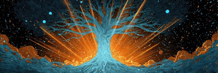 Celestial tree of light with vibrant roots and branches