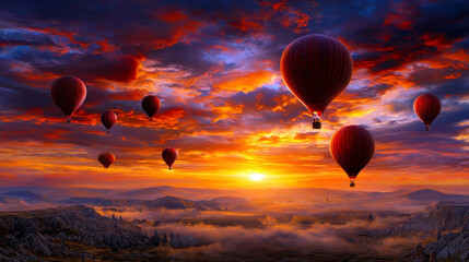 Naklejka premium Witness a breathtaking sunrise as vibrant hot air balloons float gracefully above a mystical landscape.