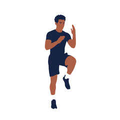 A stylized illustration of a dark-skinned man in athletic wear performing a high knee exercise, raising his knee and opposite arm.