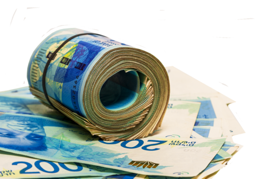 Money. New Israeli shekel. 200 shekel banknotes. Rolled banknotes are on banknotes lying on a transparent background.