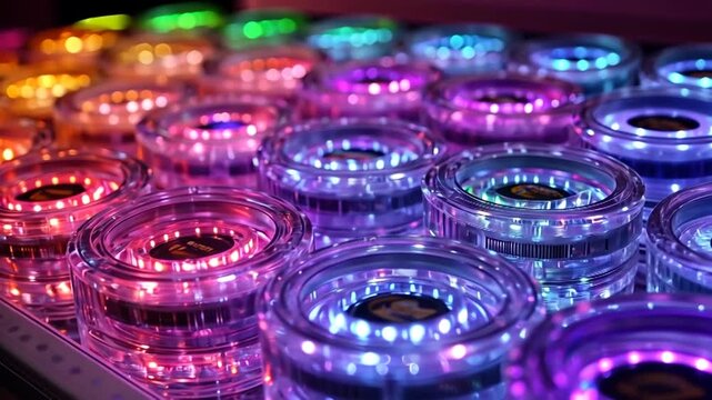 Colorful illuminated jars arranged in a vibrant display