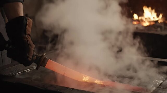 The skillful blacksmith forges glowing metal, creating sparks and steam in a traditional workshop.