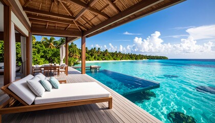 summer vacation concept, clear blue water ocean, tropical island, fancy luxury resort