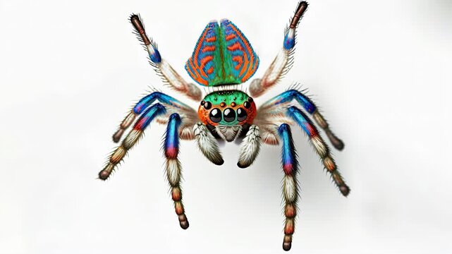 Peacock jumping spider isolated on white background. Maratus volans species in the Salticidae family and the Maratus genus. Native to Australia. Male with colorful abdomen.