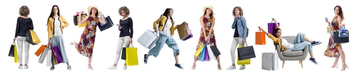 Collection of photos of a beautiful smiling girl with shopping bags isolated on a white background,...