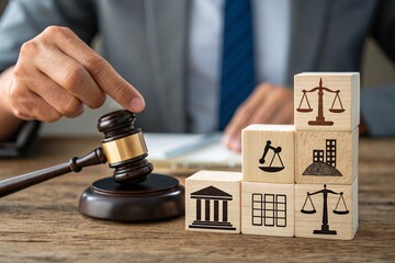 Legal justice and business growth represented by blocks and gavel