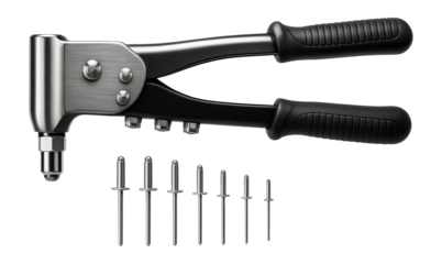 Rivet gun set with assorted rivet sizes for a sheet metal workshop.