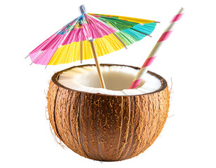 Realistic Open Coconut with Straw and Umbrella PNG