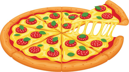 Delicious pepperoni pizza with a slice being pulled and cheese stretching