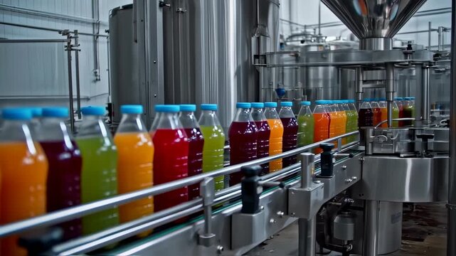 Automated drink bottling line in operation at a beverage manufacturing facility