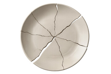 Fractured white ceramic plate, expressing vulnerability and impermanence against translucent backdrop