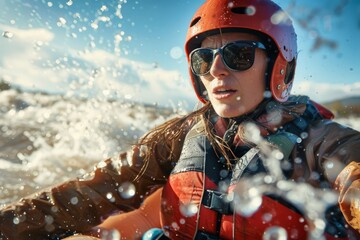 Adventurous woman navigating whitewater rapids while wearing a helmet and sunglasses on a sunny day in an outdoor river setting