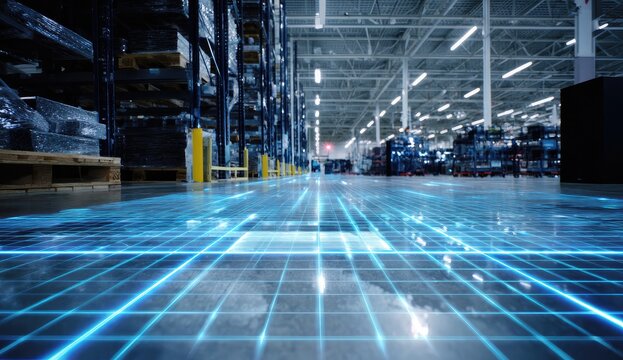 Futuristic warehouse interior with digital grid floor