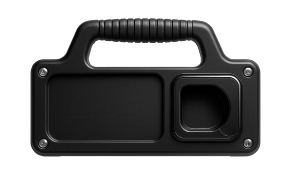 Plastic tool carrier with an integrated measuring tape slot for carpentry tasks on-site.