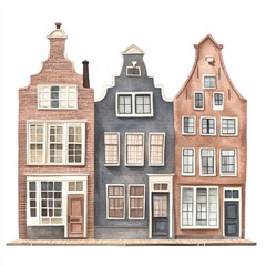 Vintage Dutch townhouses architecture illustration watercolor.