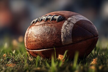 Realistic football resting on grass during a sunny afternoon in a park setting, showcasing details of the ball's texture and stitches
