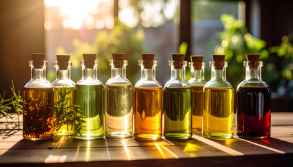 Bottles of various oils illuminated by sunlight, showcasing colors and textures.
