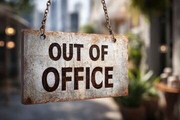 Sign indicating out of office status hanging in a blurred urban setting with greenery and buildings in the background