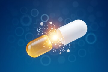 Open pharmaceutical capsule with glowing light and molecular structure symbolizing innovative science on abstract blue background. Ai generative.