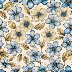 Seamless flower fabric texture flower drawing illustration white and blue flowers