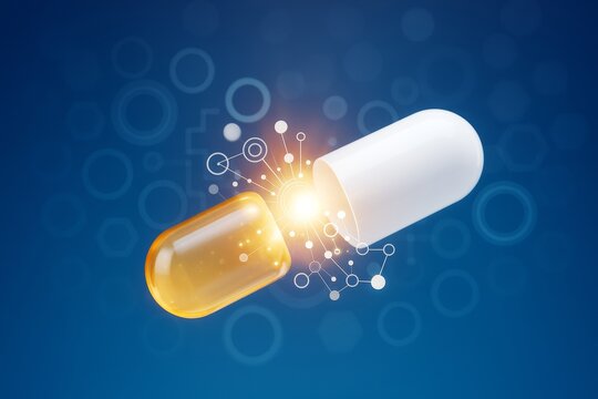 Open pharmaceutical capsule with glowing light and molecular structure symbolizing innovative science on abstract blue background. Ai generative.