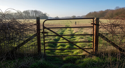 Fototapeta premium Rustic Gate in Countryside Field An Inviting Entrance to Nature's Tranquility