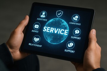 Person holding tablet displaying digital service icons and global network concept