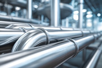 Shiny stainless steel pipes interconnected in a modern food processing facility under bright fluorescent lights