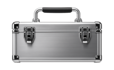 Aluminum toolbox with a foldable handle for easy transport in a professional workshop.