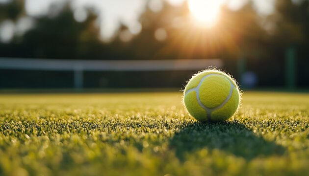 Close-up of a tennis ball on green grass.