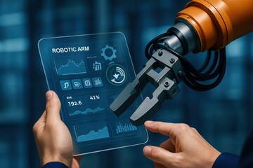 Human hand interacting with futuristic holographic interface displaying industrial data next to robotic arm