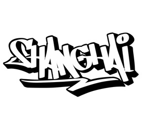 hand drawn graffiti calligraphy letters SHANGHAI city name isolated design in black and white